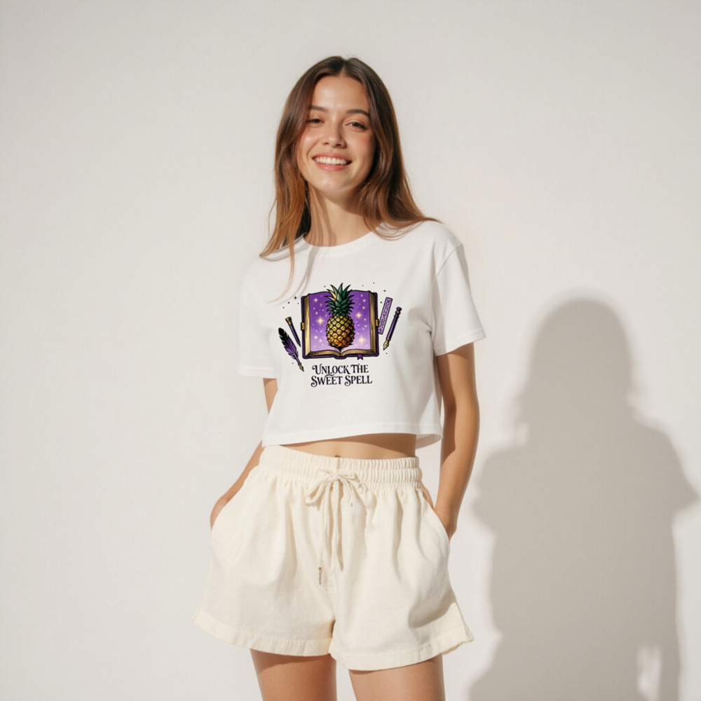 Women's Crop Top - Pineapple Spellbook Design, 'Unlock the Sweet Spell' | Purple Fantasy Tee - Image 3