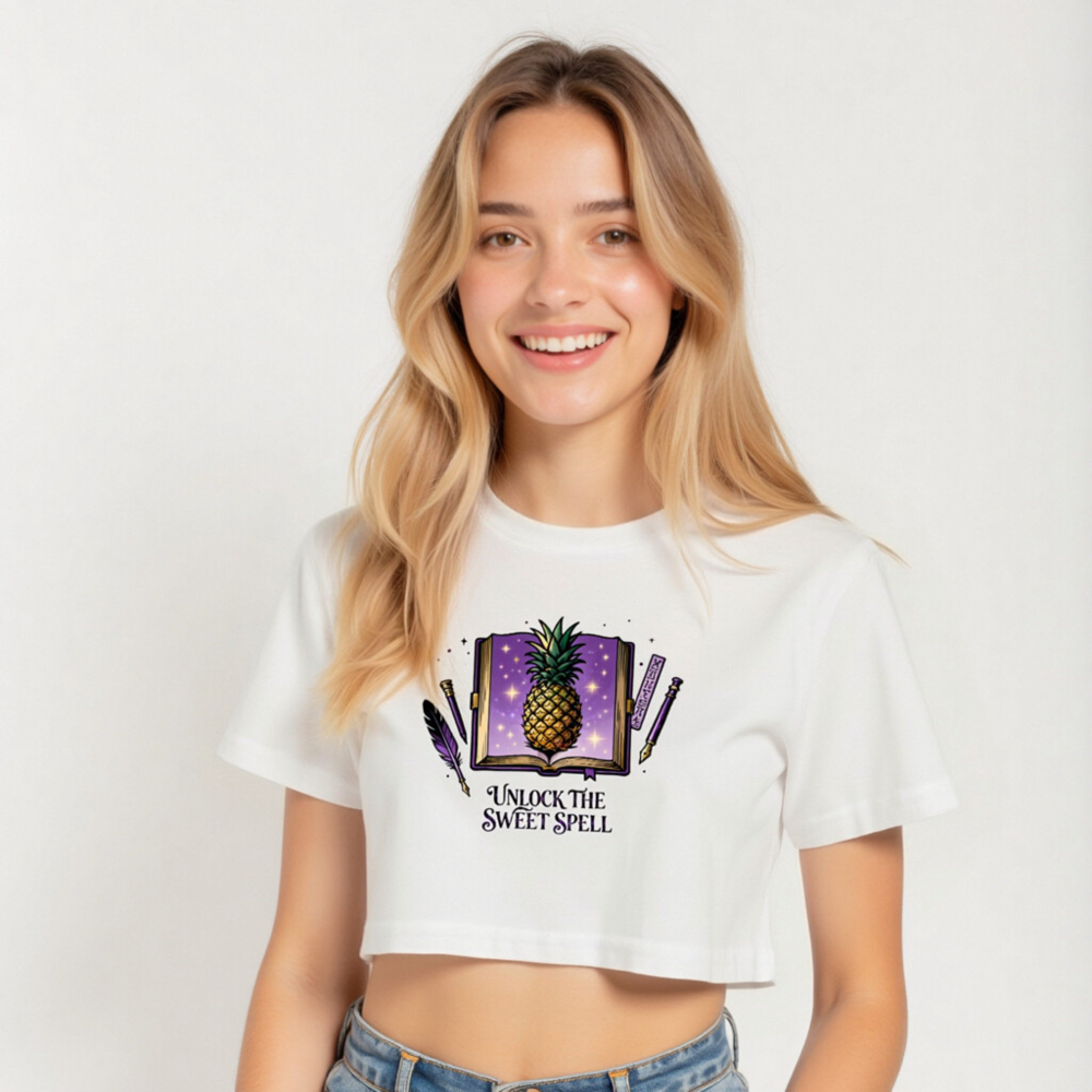 Women's Crop Top - Pineapple Spellbook Design, 'Unlock the Sweet Spell' | Purple Fantasy Tee - Image 4