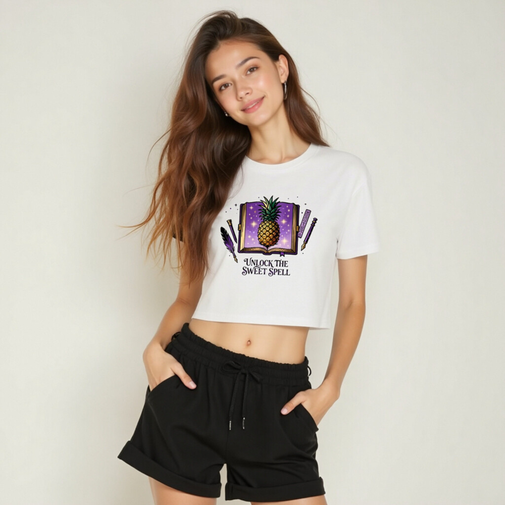Women's Crop Top - Pineapple Spellbook Design, 'Unlock the Sweet Spell' | Purple Fantasy Tee - Image 5