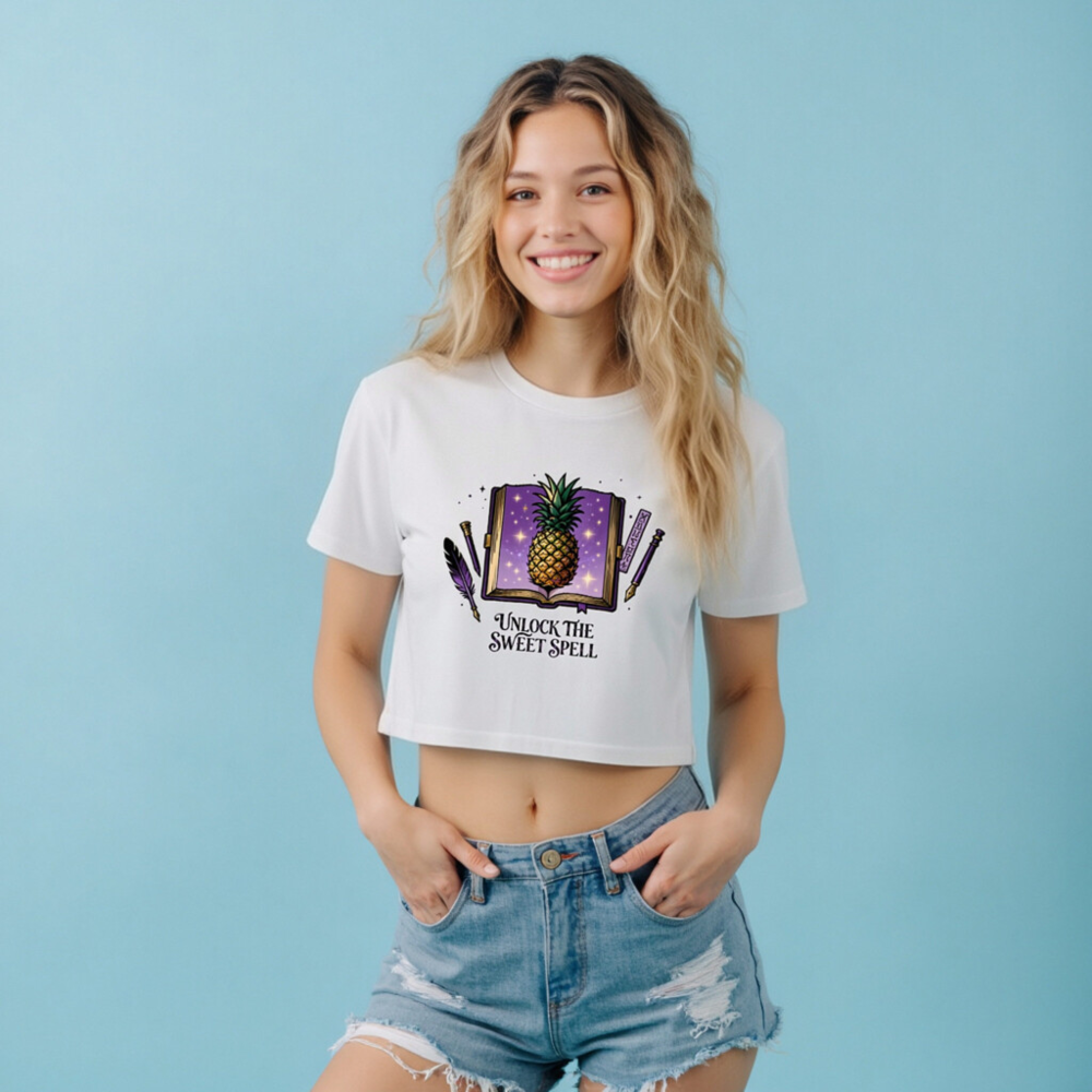 Women's Crop Top - Pineapple Spellbook Design, 'Unlock the Sweet Spell' | Purple Fantasy Tee - Image 6