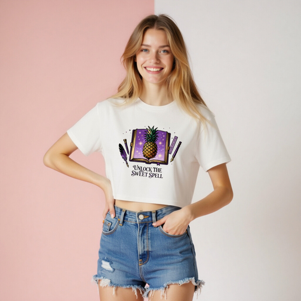 Women's Crop Top - Pineapple Spellbook Design, 'Unlock the Sweet Spell' | Purple Fantasy Tee - Image 7