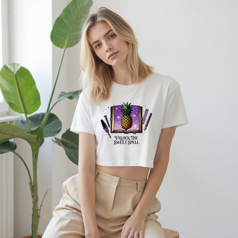 Women's Crop Top - Pineapple Spellbook Design, 'Unlock the Sweet Spell' | Purple Fantasy Tee - Image 8