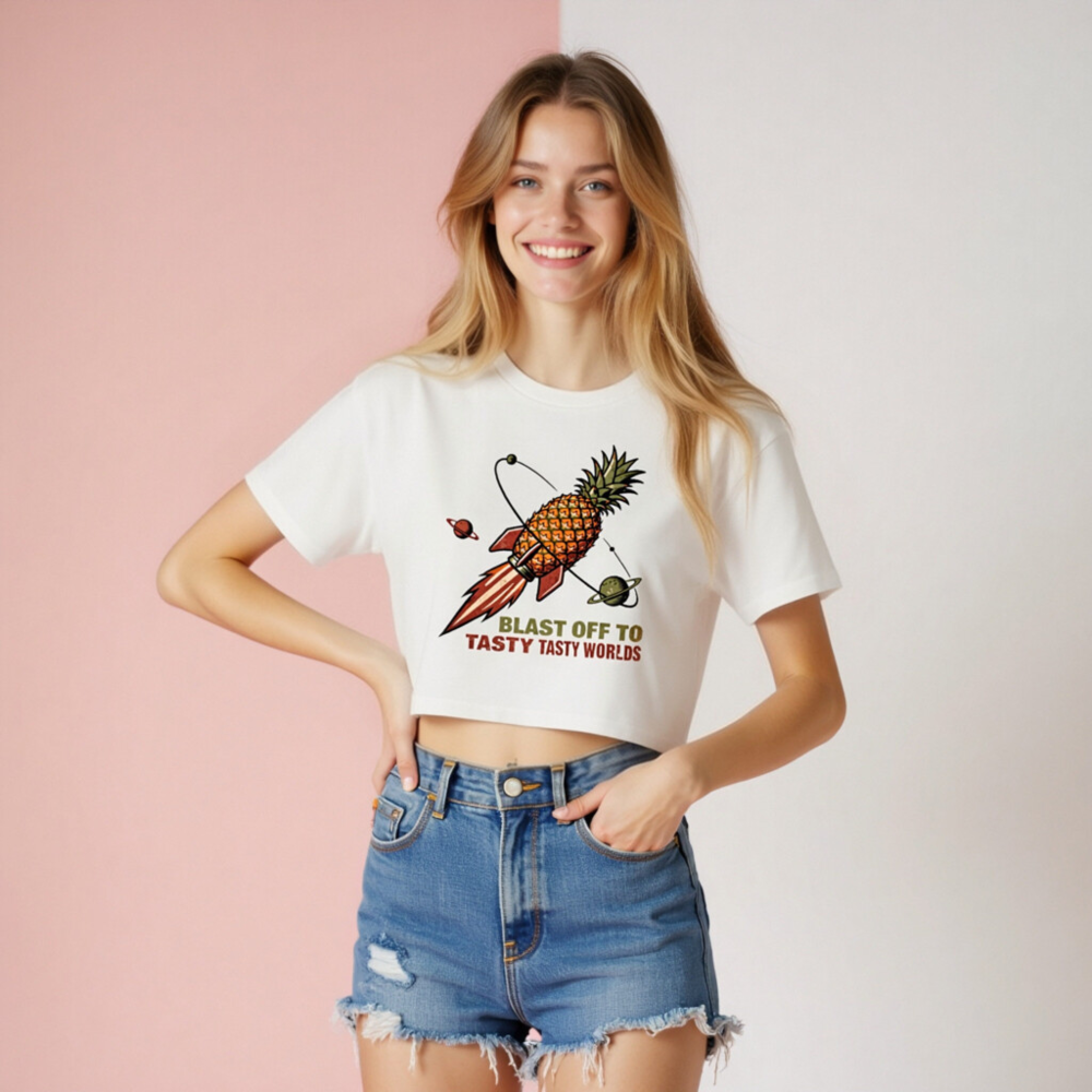Women's Pineapple Rocket Crop Top - Blast Off to Tasty Tasty Worlds - Image 6