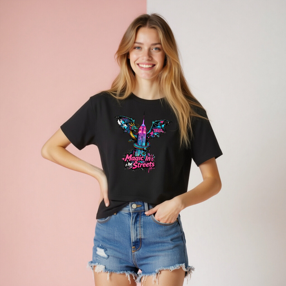 Women's Crop Top - Magic In The Streets Dragon & Empire State Building Design - Image 8