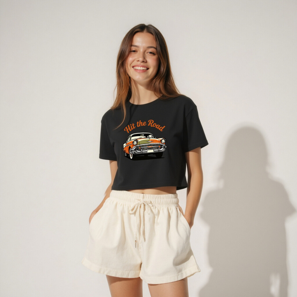 Women's Crop Top - Hit the Road Classic Car Graphic Tee, Orange & White Vintage Style - Image 4