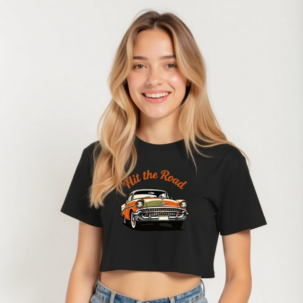Women's Crop Top - Hit the Road Classic Car Graphic Tee, Orange & White Vintage Style - Image 5