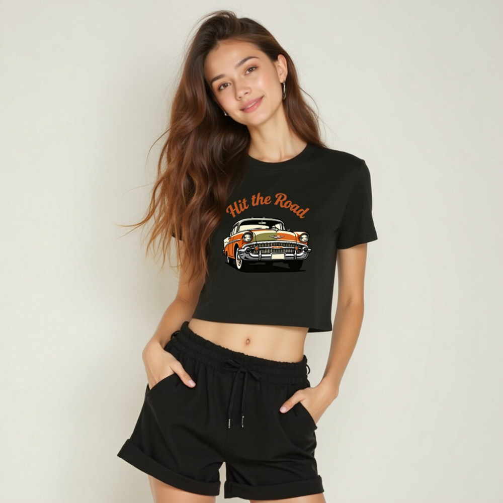 Women's Crop Top - Hit the Road Classic Car Graphic Tee, Orange & White Vintage Style - Image 6
