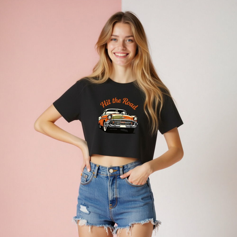Women's Crop Top - Hit the Road Classic Car Graphic Tee, Orange & White Vintage Style - Image 8