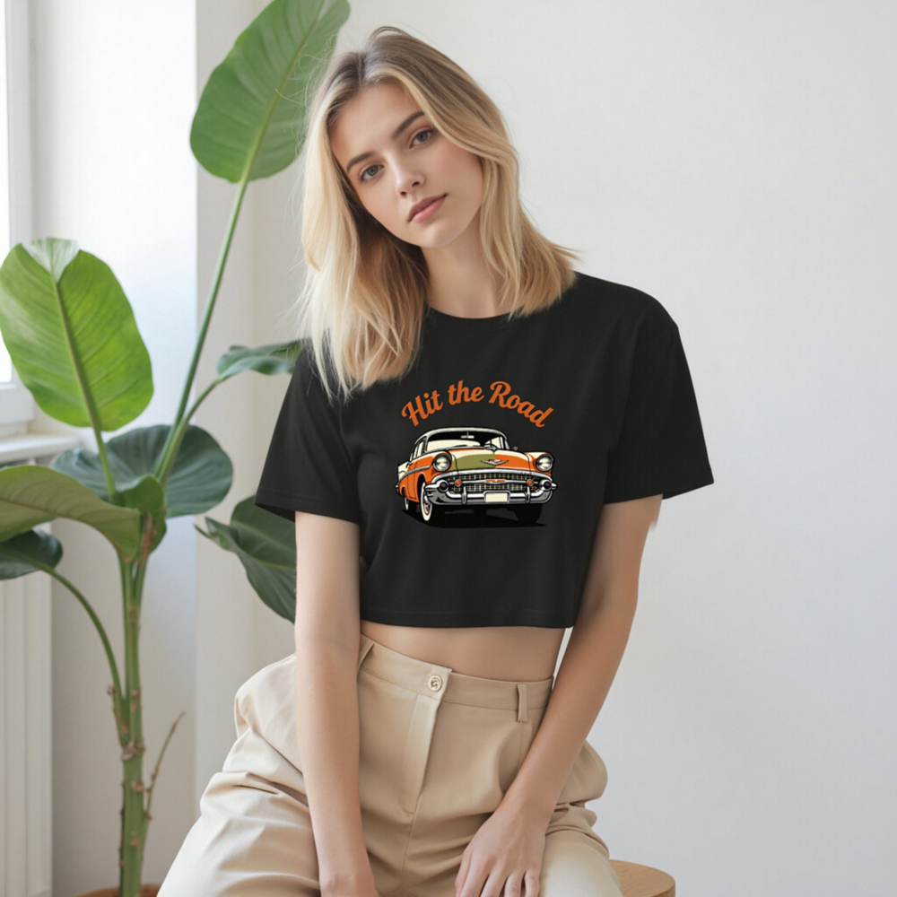 Women's Crop Top - Hit the Road Classic Car Graphic Tee, Orange & White Vintage Style - Image 9