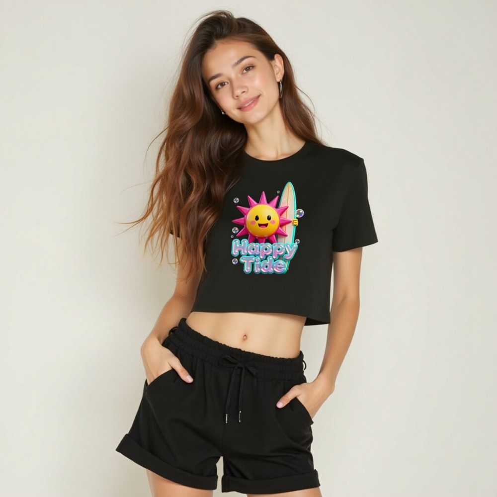 Women's Happy Tide Crop Top - Pink Sun Surf Graphic Tee - Image 6
