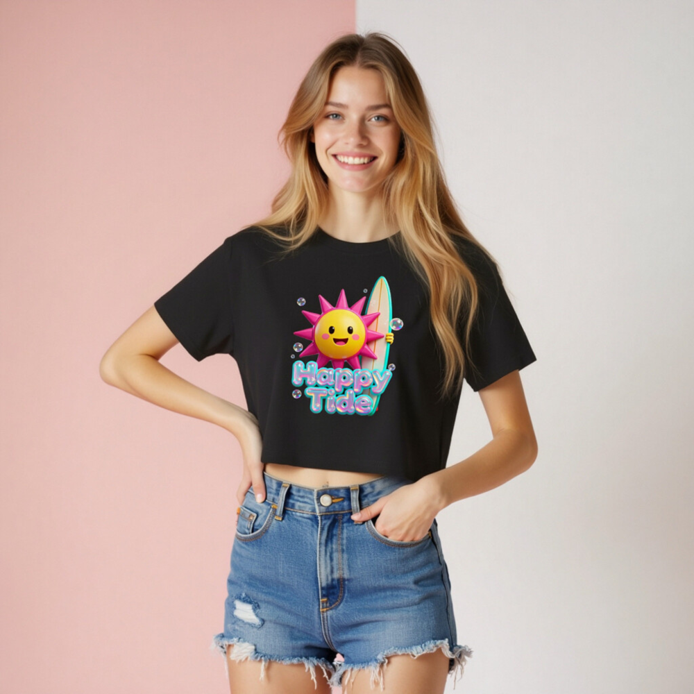 Women's Happy Tide Crop Top - Pink Sun Surf Graphic Tee - Image 8
