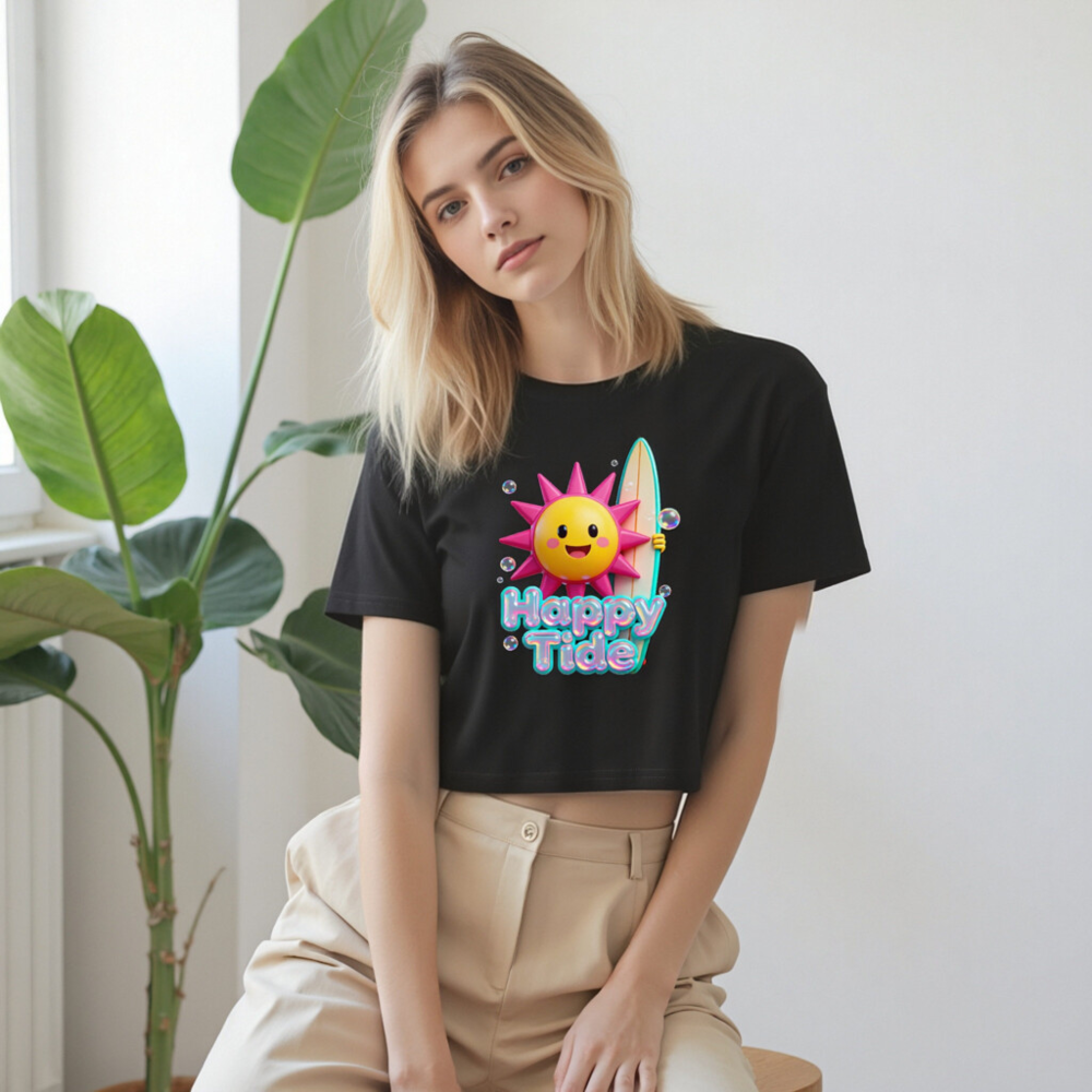 Women's Happy Tide Crop Top - Pink Sun Surf Graphic Tee - Image 9