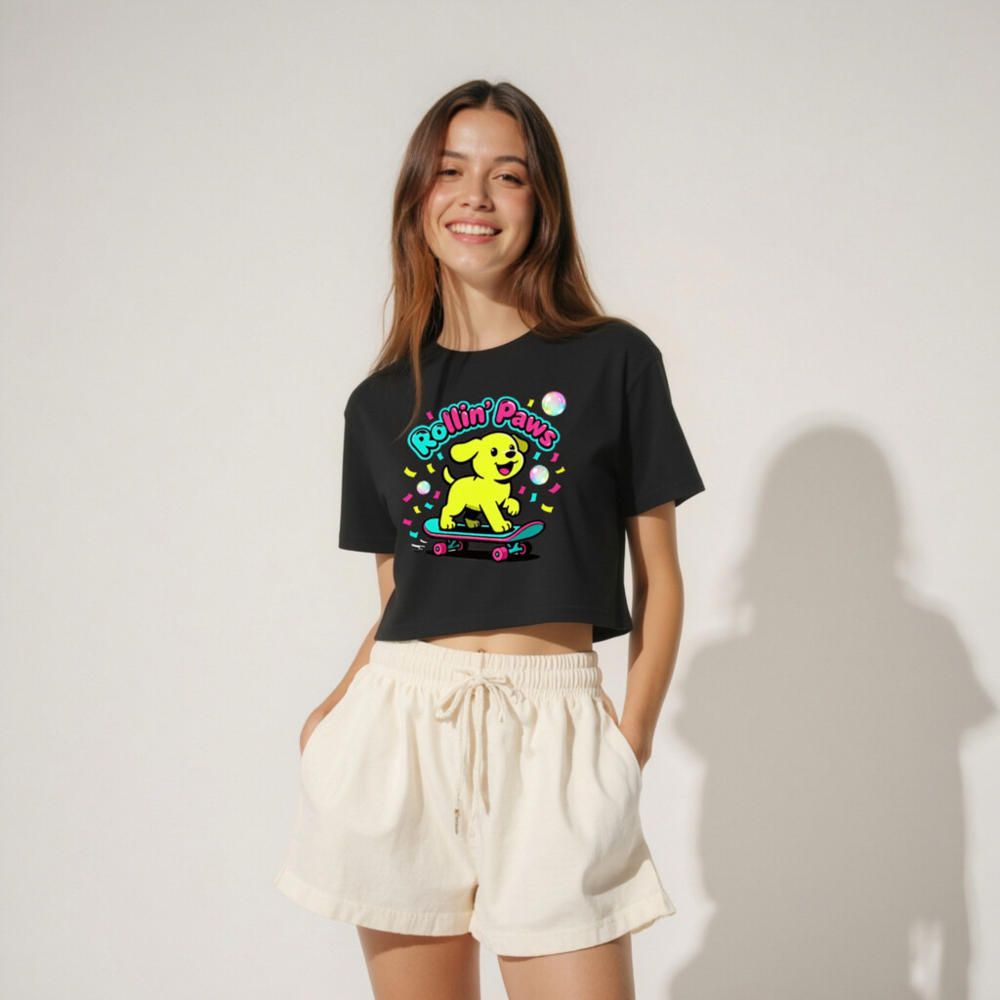 Women's Rollin' Paws Crop Top - Neon Yellow Puppy Skateboard Graphic Tee - Image 4