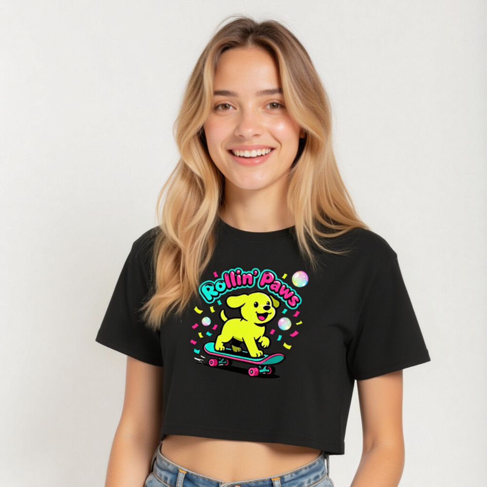Women's Rollin' Paws Crop Top - Neon Yellow Puppy Skateboard Graphic Tee - Image 5
