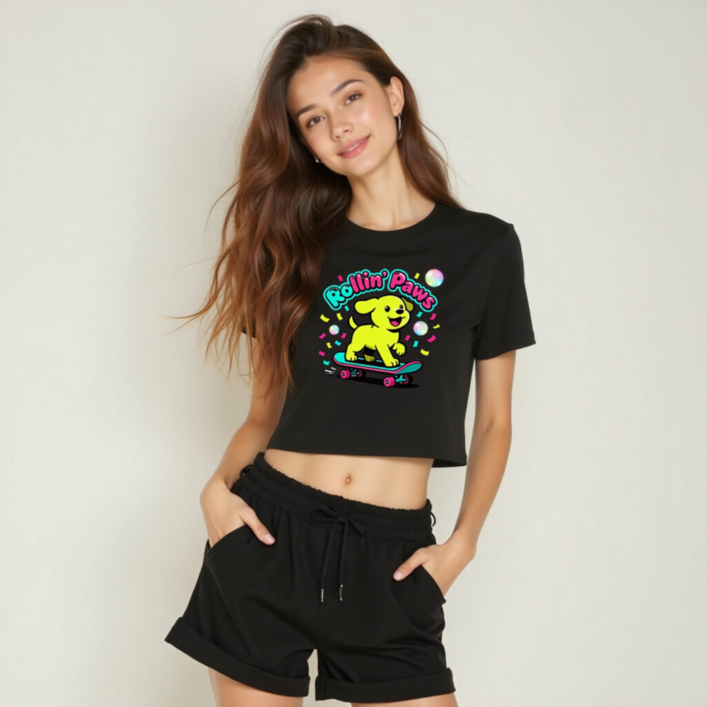 Women's Rollin' Paws Crop Top - Neon Yellow Puppy Skateboard Graphic Tee - Image 6