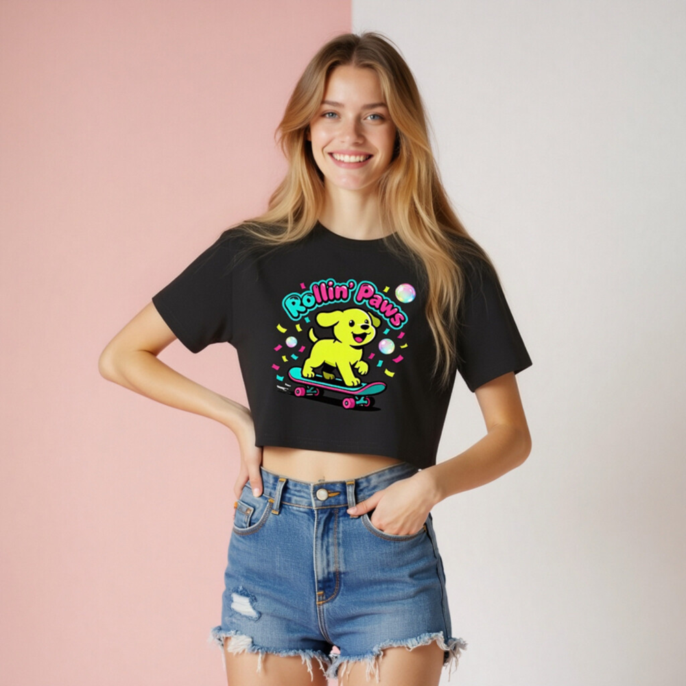 Women's Rollin' Paws Crop Top - Neon Yellow Puppy Skateboard Graphic Tee - Image 8