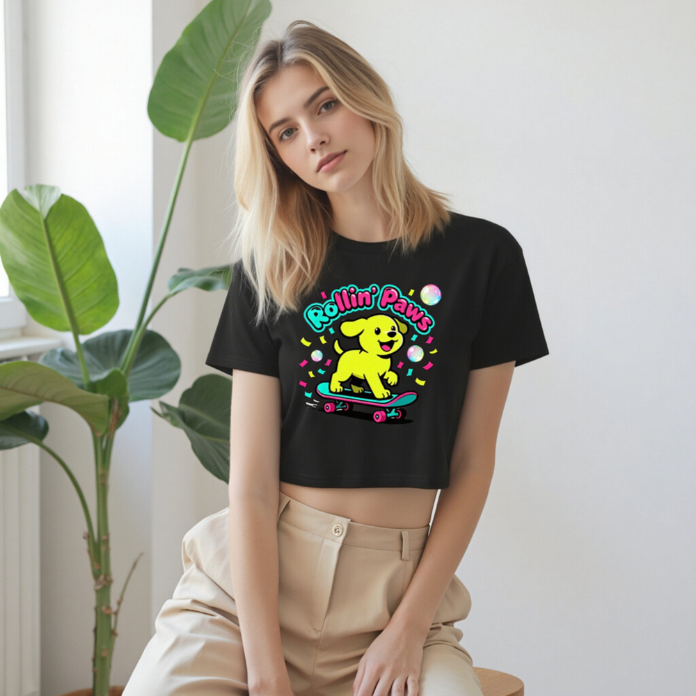 Women's Rollin' Paws Crop Top - Neon Yellow Puppy Skateboard Graphic Tee - Image 9