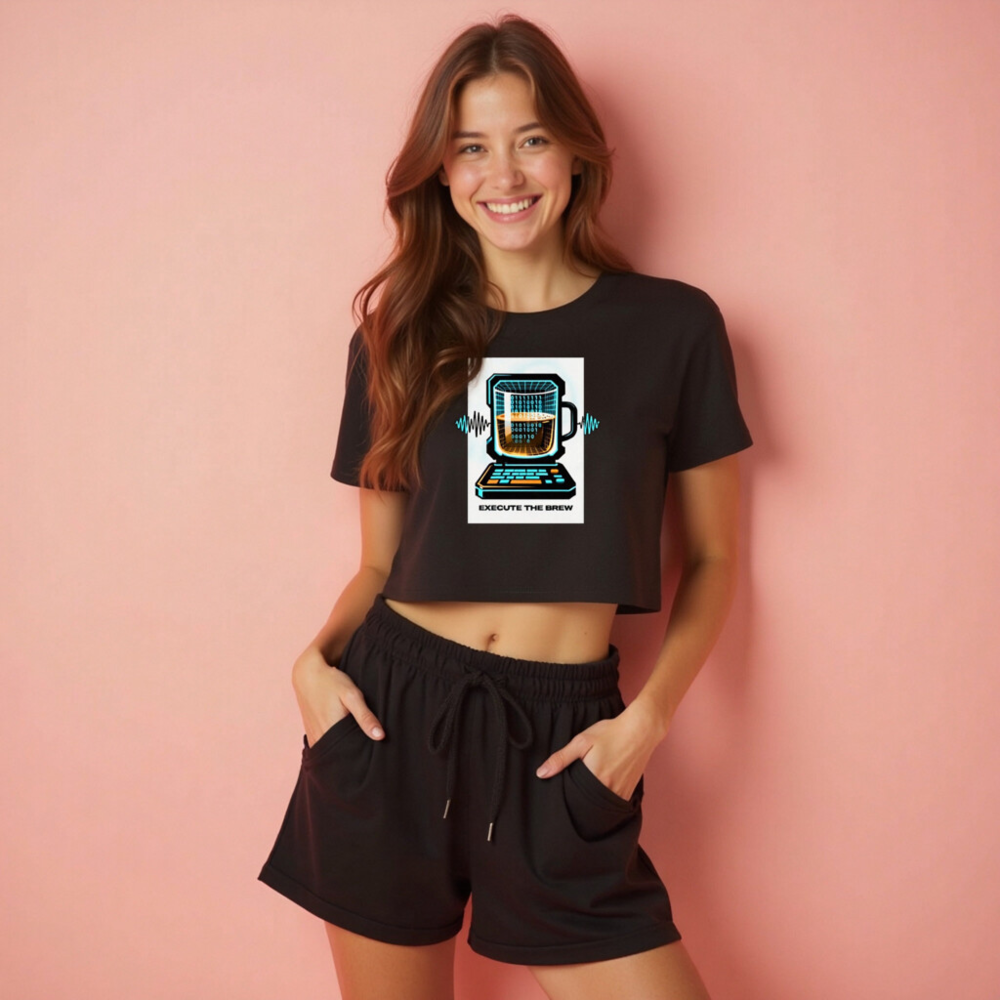 Women's Crop Top - Execute the Brew: Tech Coffee Mug Laptop Design - Image 2