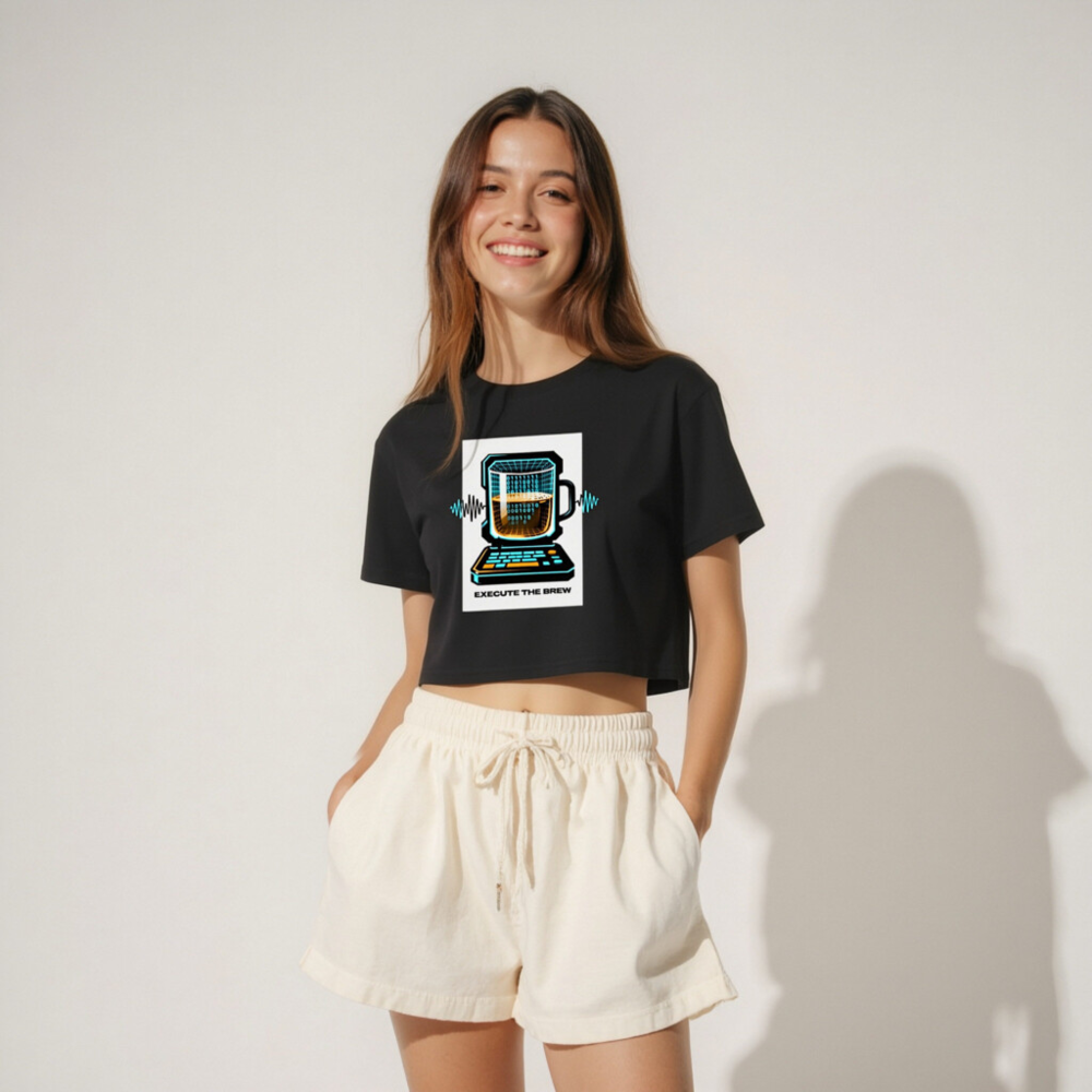 Women's Crop Top - Execute the Brew: Tech Coffee Mug Laptop Design - Image 4