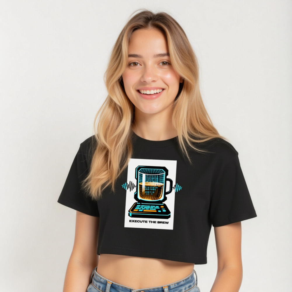 Women's Crop Top - Execute the Brew: Tech Coffee Mug Laptop Design - Image 5