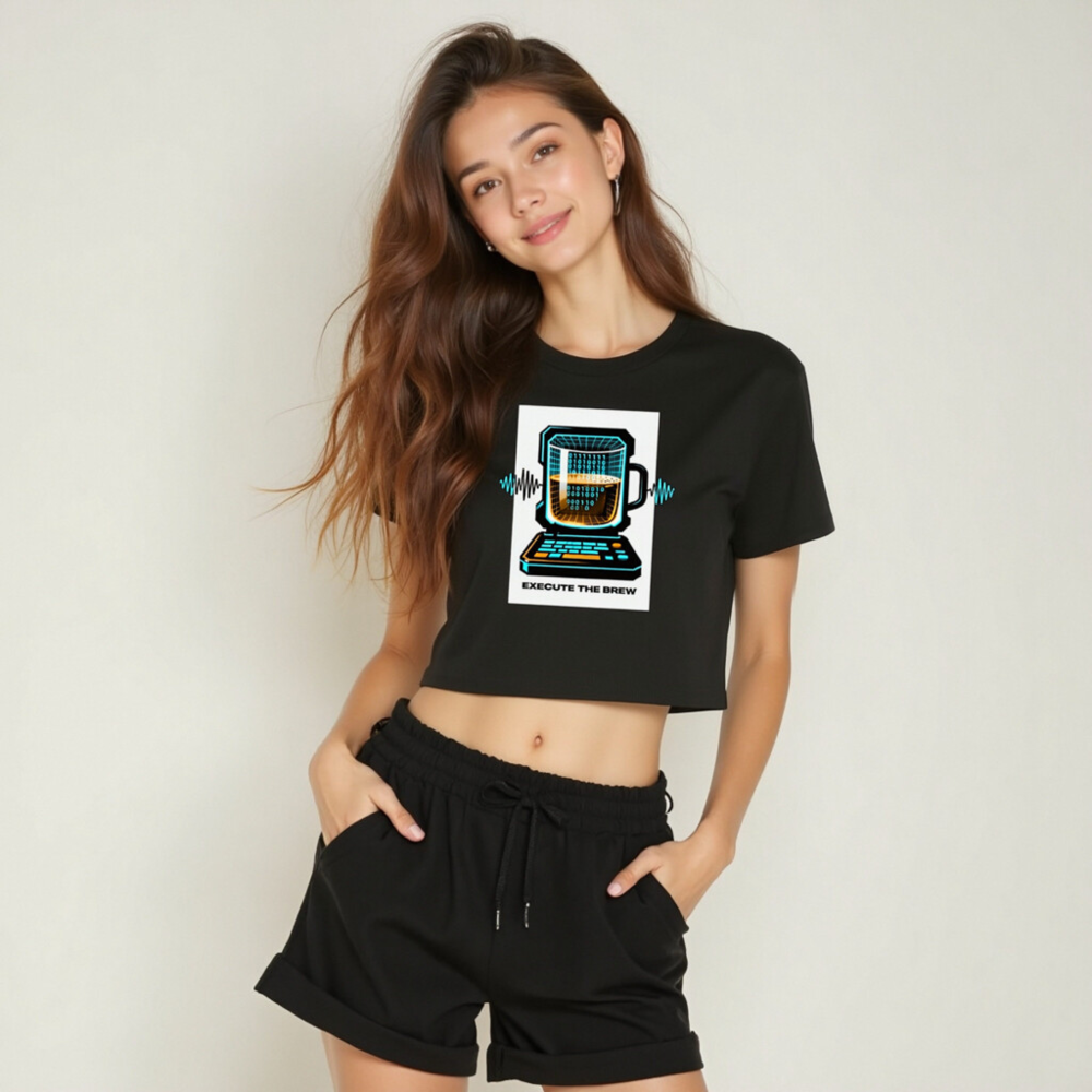 Women's Crop Top - Execute the Brew: Tech Coffee Mug Laptop Design - Image 6