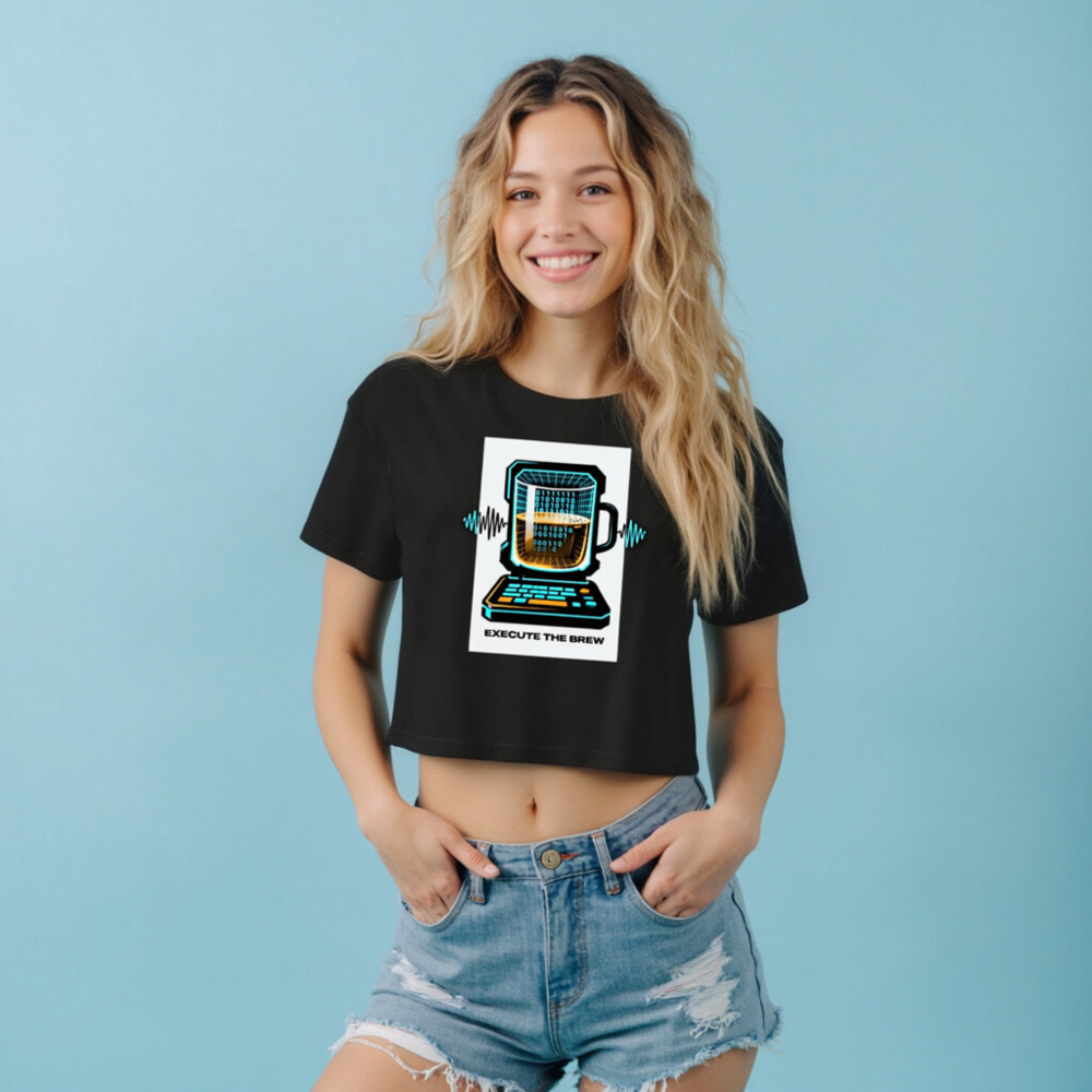 Women's Crop Top - Execute the Brew: Tech Coffee Mug Laptop Design - Image 7