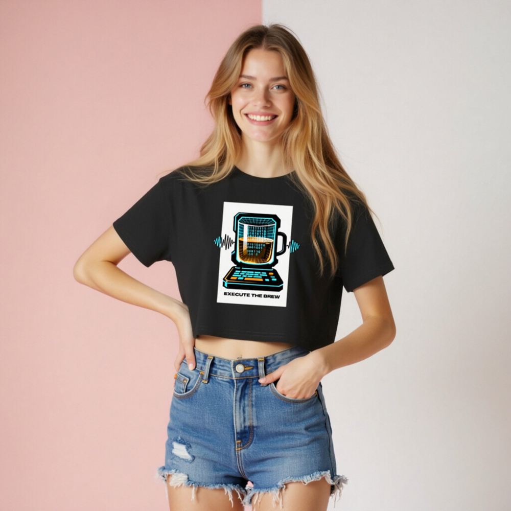 Women's Crop Top - Execute the Brew: Tech Coffee Mug Laptop Design - Image 8