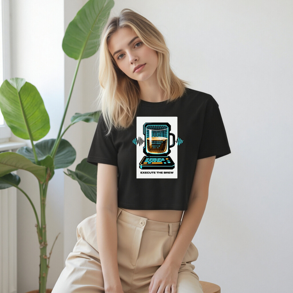 Women's Crop Top - Execute the Brew: Tech Coffee Mug Laptop Design - Image 9