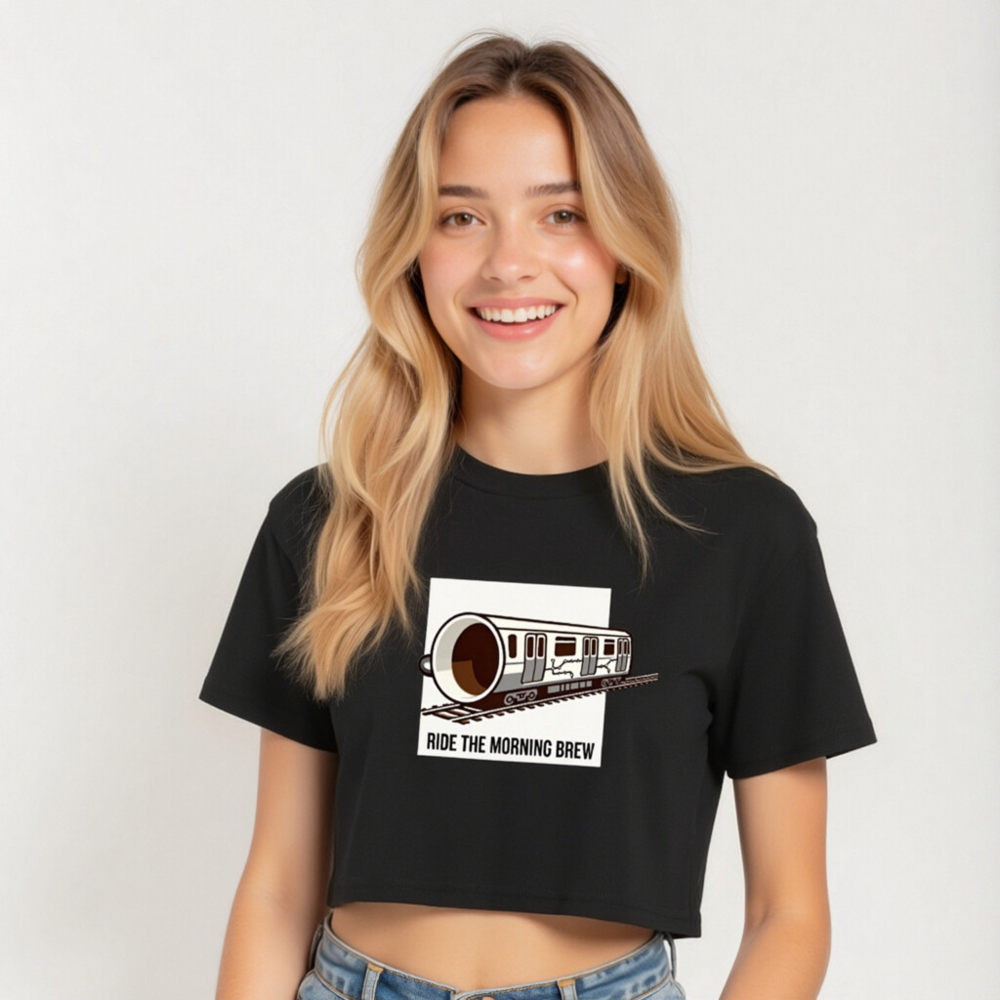 Women's Crop Top - Ride the Morning Brew Coffee Train Design - Image 5