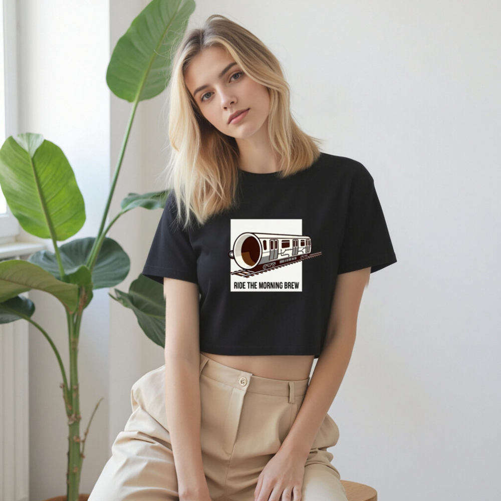 Women's Crop Top - Ride the Morning Brew Coffee Train Design - Image 9