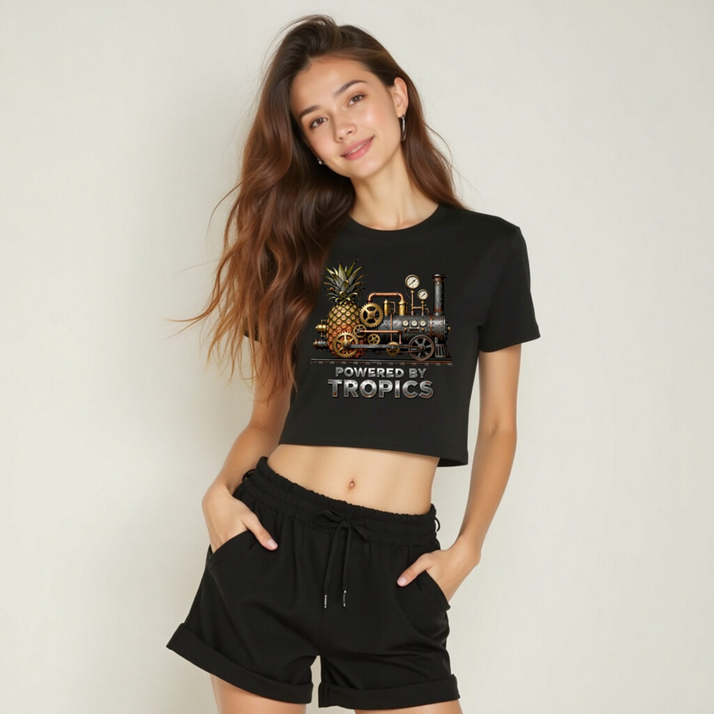 Women's Crop Top - Powered by Tropics Pineapple Steampunk Train Design - Image 6
