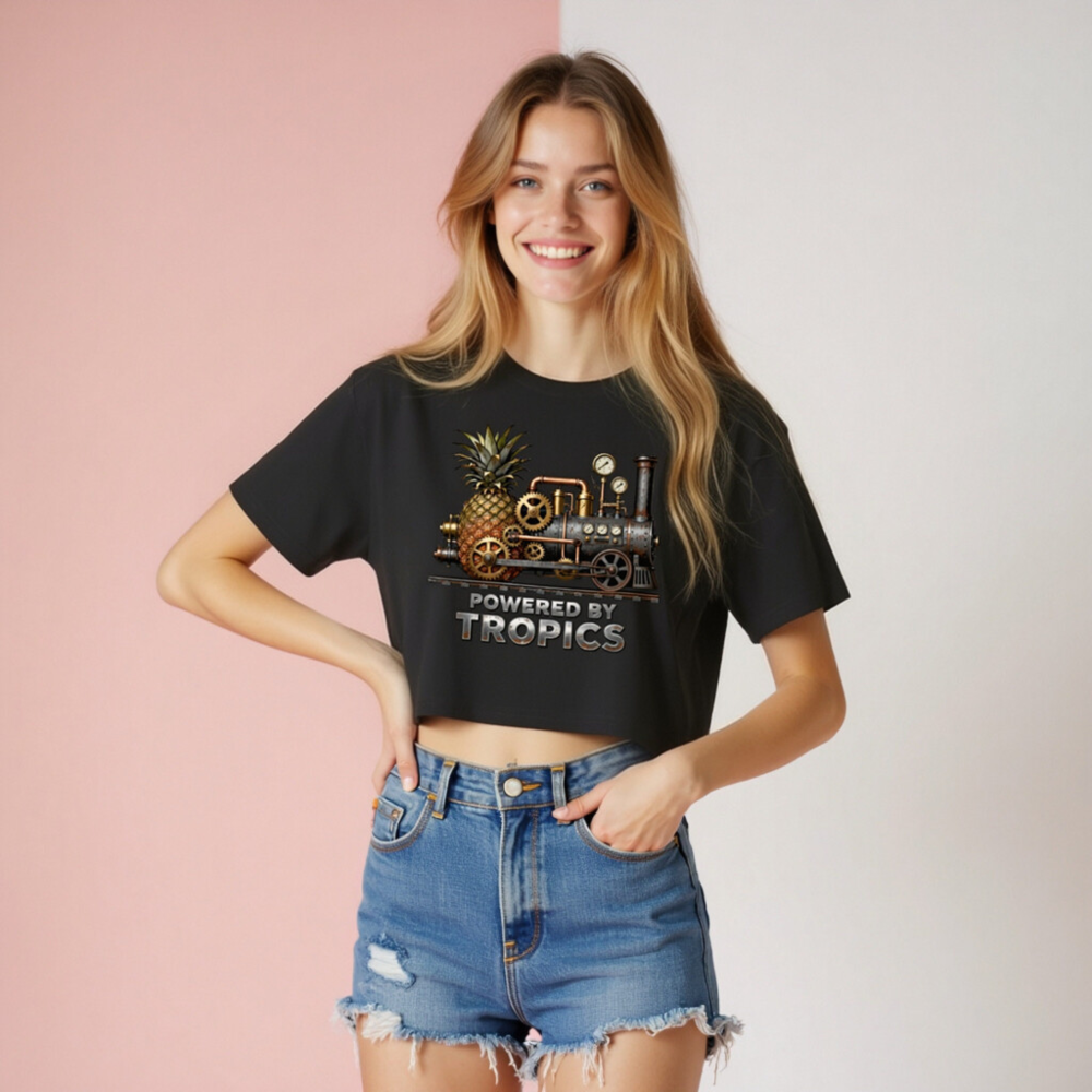 Women's Crop Top - Powered by Tropics Pineapple Steampunk Train Design - Image 8