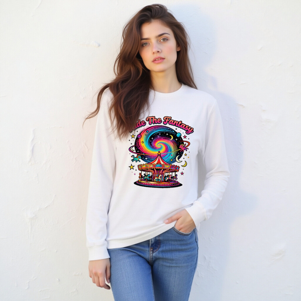 Ride The Fantasy Carousel Long Sleeve Tee - Unisex Cosmic Design - Image 6
