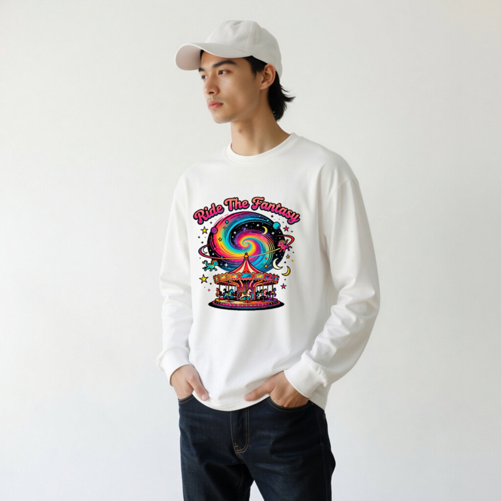 Ride The Fantasy Carousel Long Sleeve Tee - Unisex Cosmic Design - Image 9