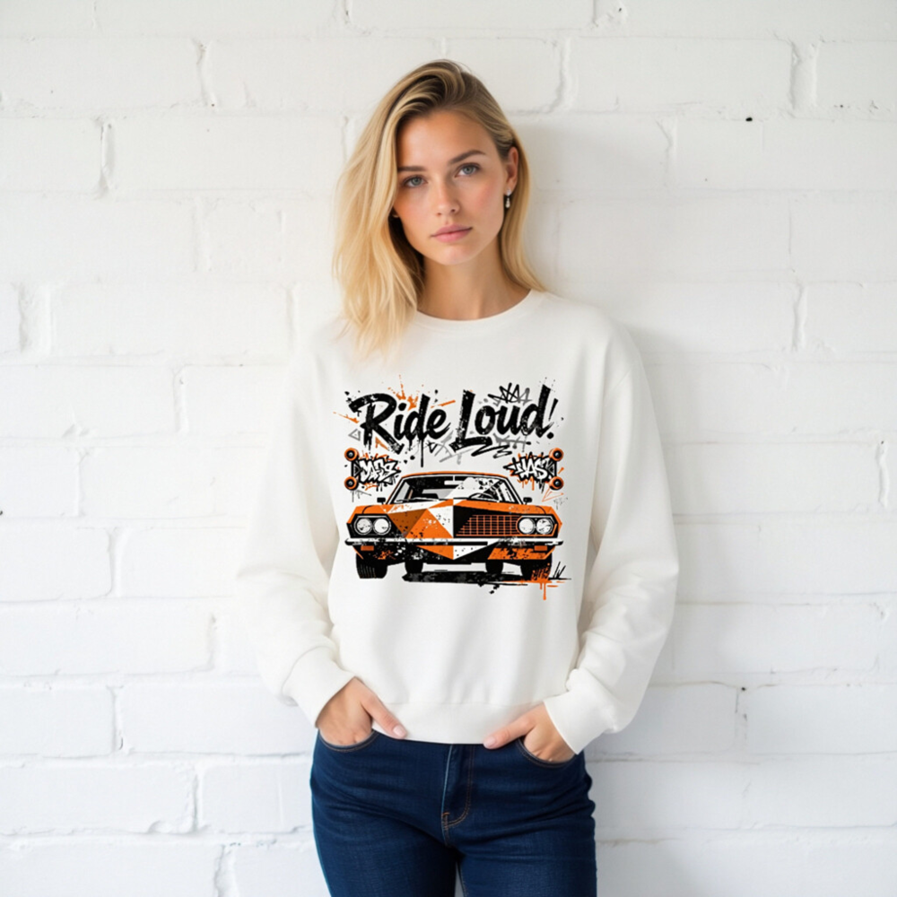 Ride Loud! Classic Car Long Sleeve Tee - Unisex Orange & Black Graphic - Image 2