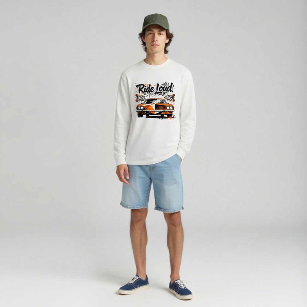 Ride Loud! Classic Car Long Sleeve Tee - Unisex Orange & Black Graphic - Image 3