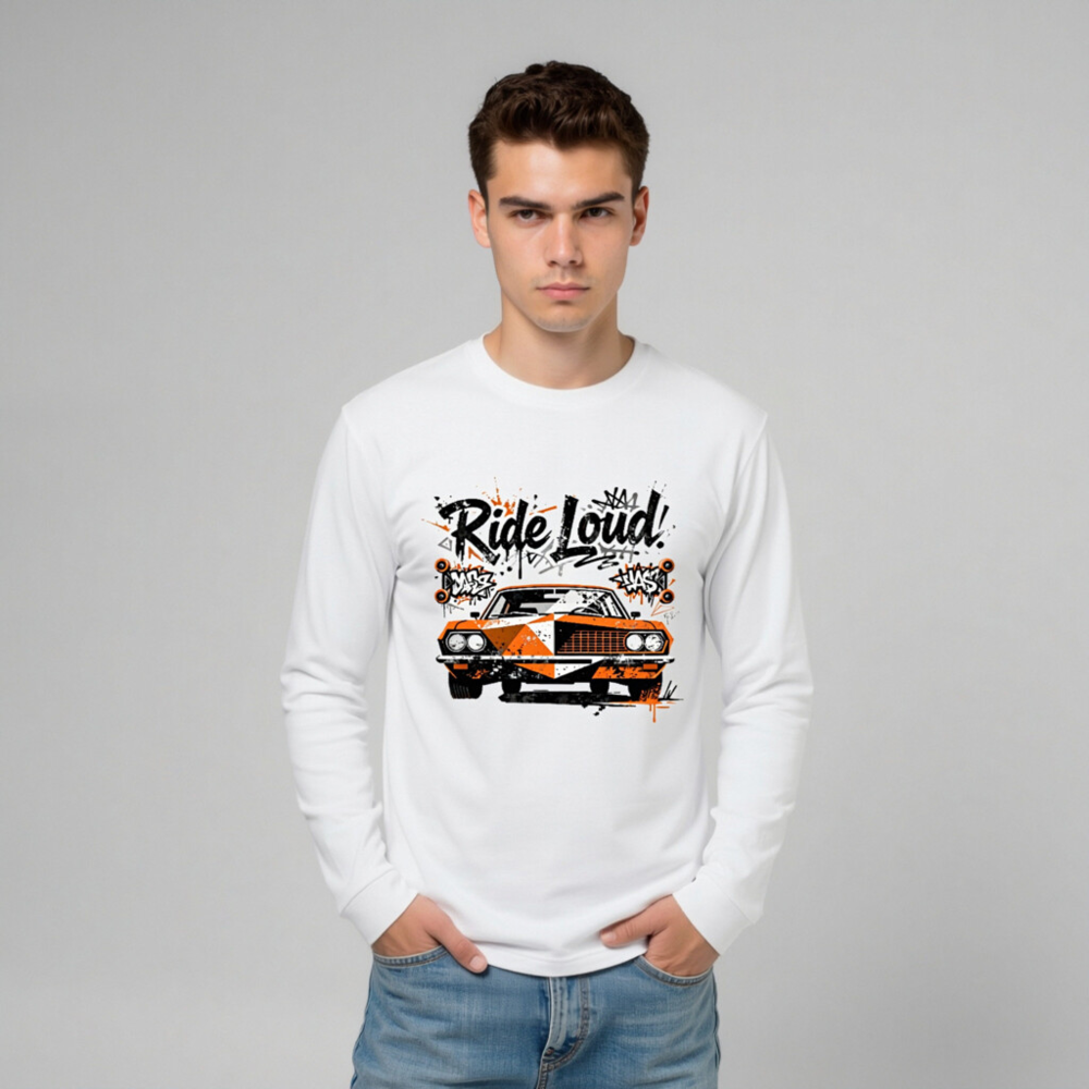 Ride Loud! Classic Car Long Sleeve Tee - Unisex Orange & Black Graphic - Image 8