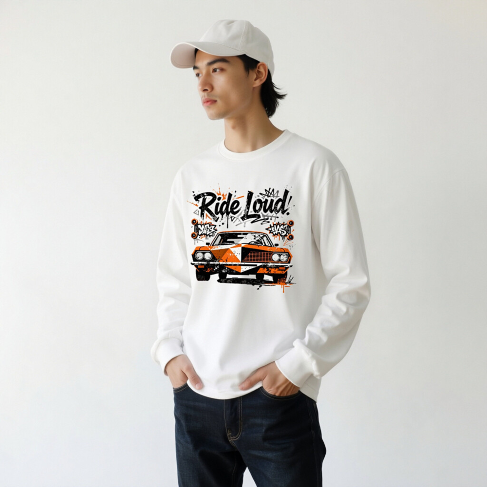 Ride Loud! Classic Car Long Sleeve Tee - Unisex Orange & Black Graphic - Image 9