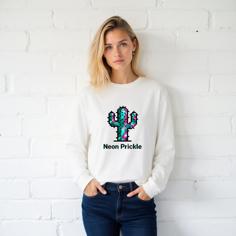 Neon Prickle Cactus Unisex Long Sleeve Tee - Vibrant Pixel Art Design - Image 2