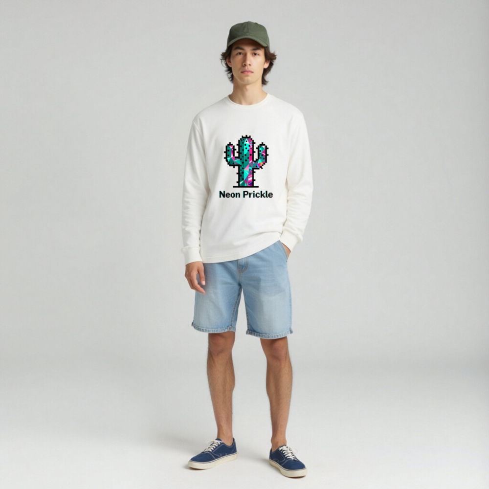 Neon Prickle Cactus Unisex Long Sleeve Tee - Vibrant Pixel Art Design - Image 3
