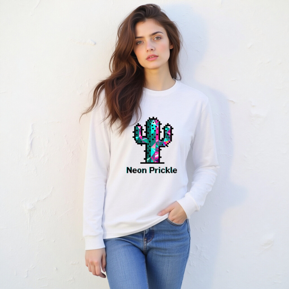 Neon Prickle Cactus Unisex Long Sleeve Tee - Vibrant Pixel Art Design - Image 6