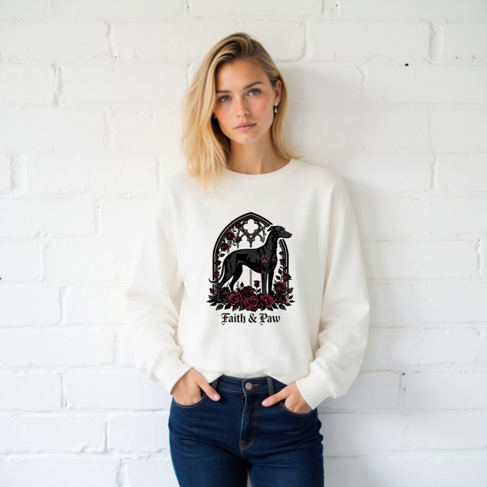 Faith & Paw Gothic Greyhound Long Sleeve Tee - Unisex Black Dog Rose Window Design - Image 2