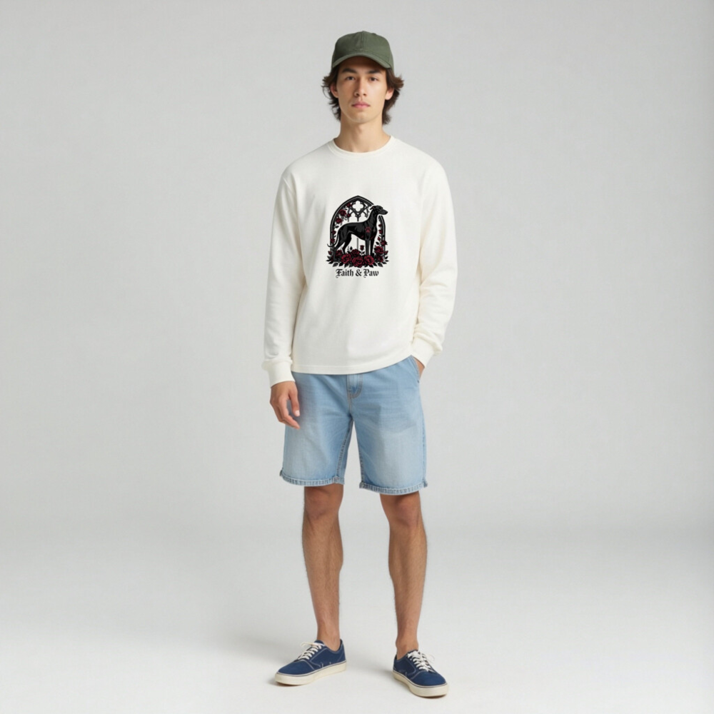 Faith & Paw Gothic Greyhound Long Sleeve Tee - Unisex Black Dog Rose Window Design - Image 3