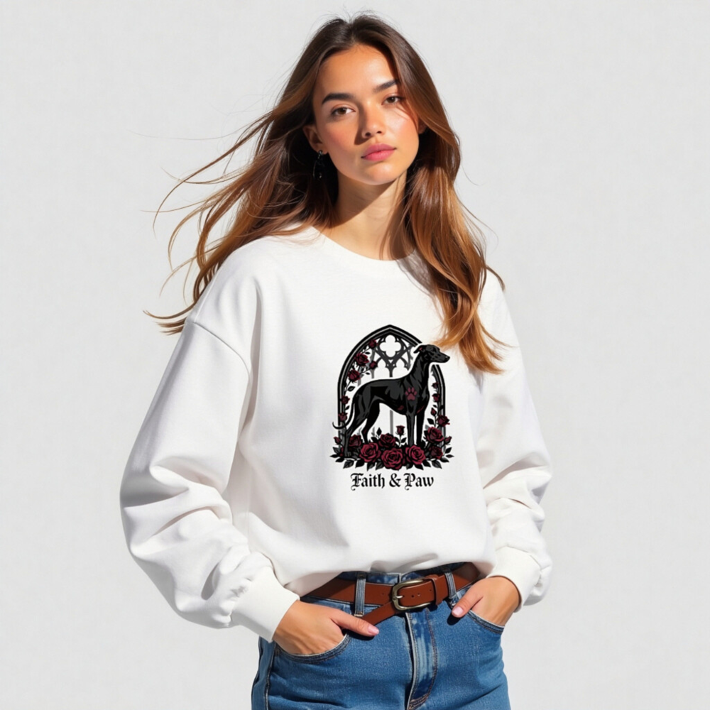 Faith & Paw Gothic Greyhound Long Sleeve Tee - Unisex Black Dog Rose Window Design - Image 4