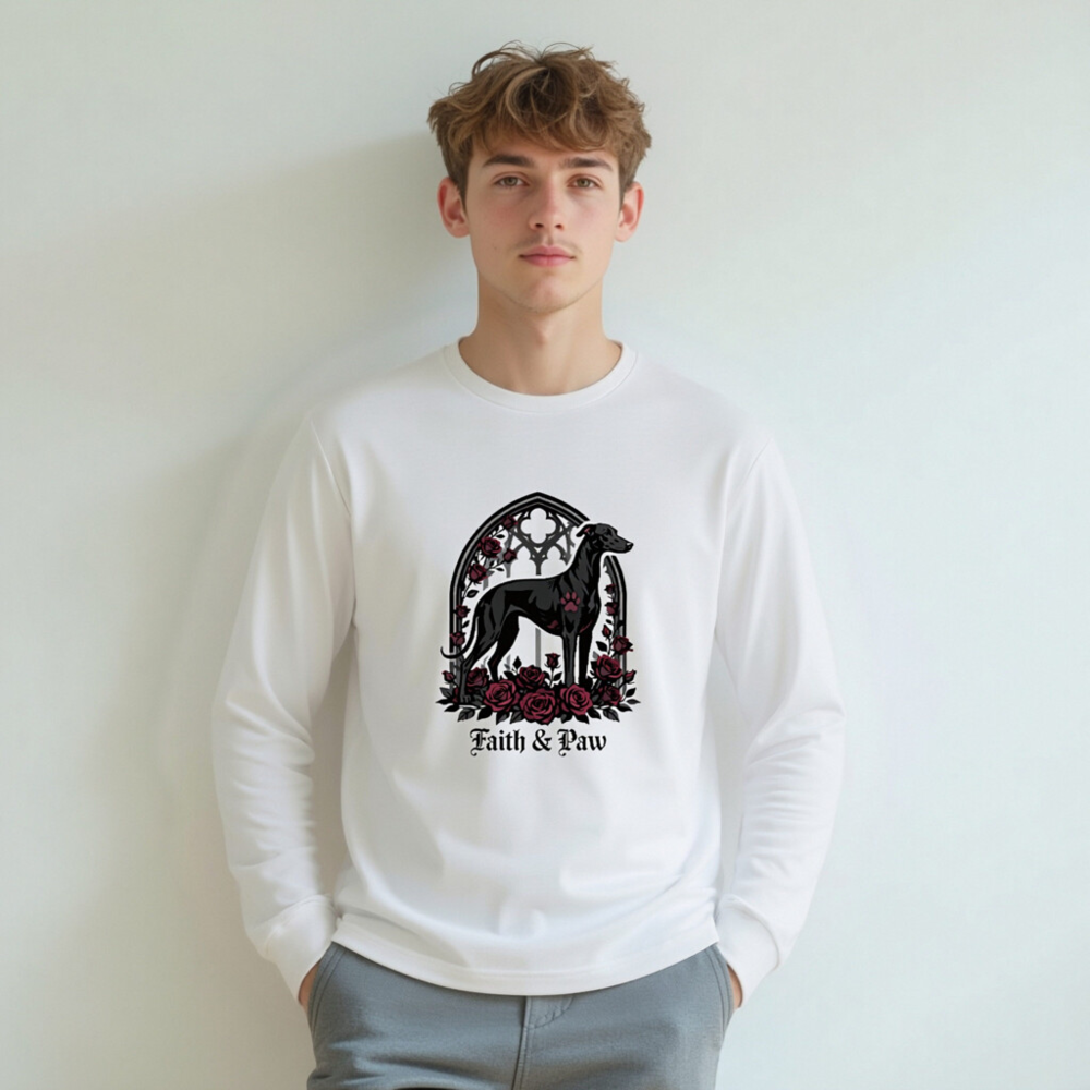 Faith & Paw Gothic Greyhound Long Sleeve Tee - Unisex Black Dog Rose Window Design - Image 5