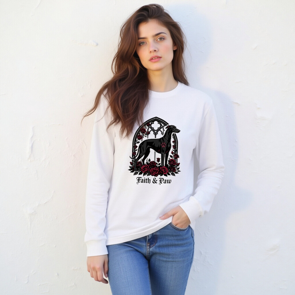Faith & Paw Gothic Greyhound Long Sleeve Tee - Unisex Black Dog Rose Window Design - Image 6