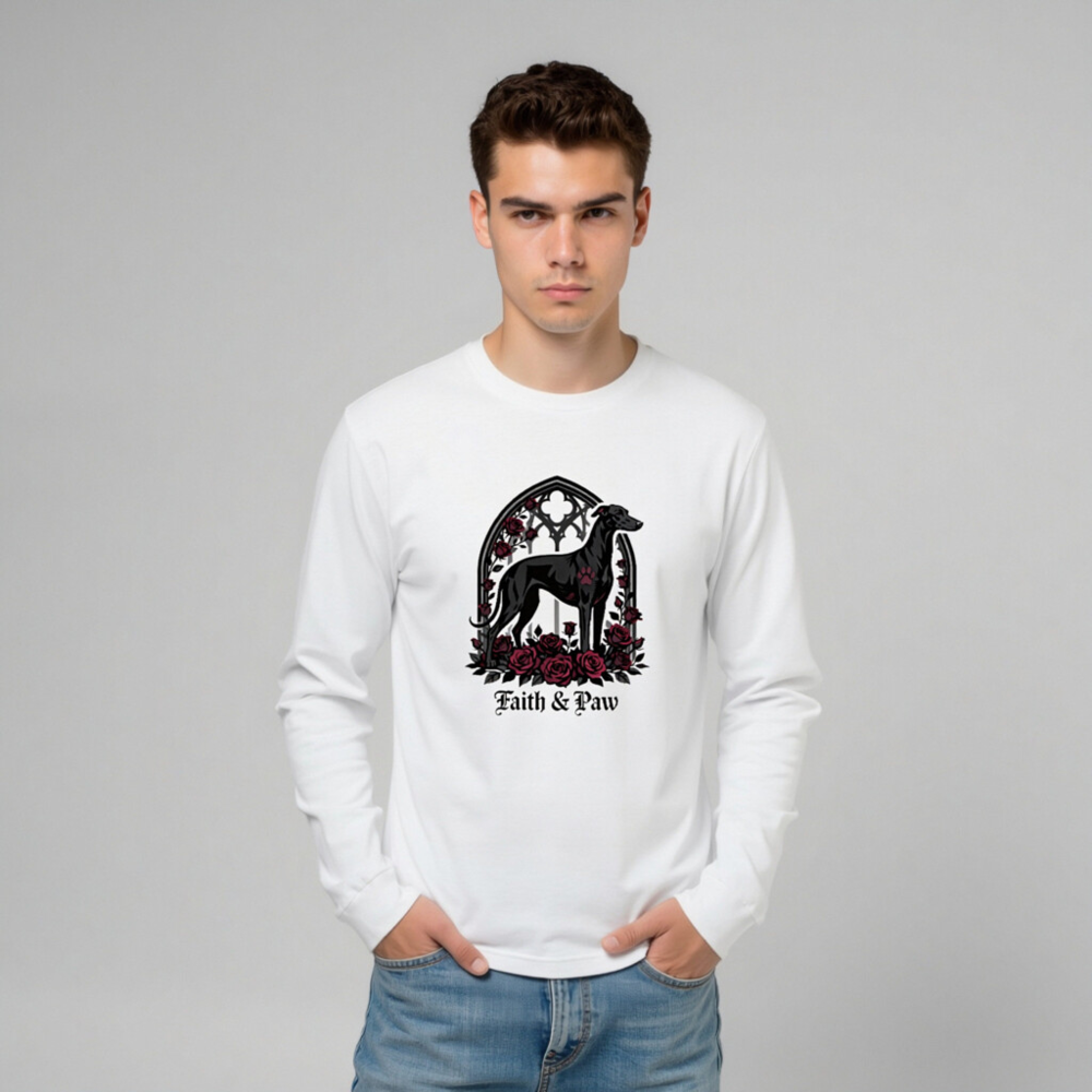 Faith & Paw Gothic Greyhound Long Sleeve Tee - Unisex Black Dog Rose Window Design - Image 8