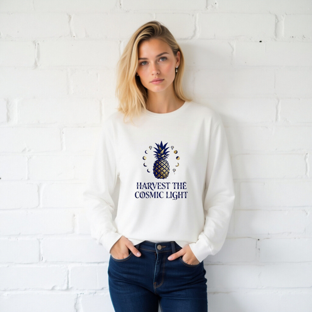 Harvest the Cosmic Light Pineapple Long Sleeve Tee - Unisex, Dark Blue & Gold - Image 2