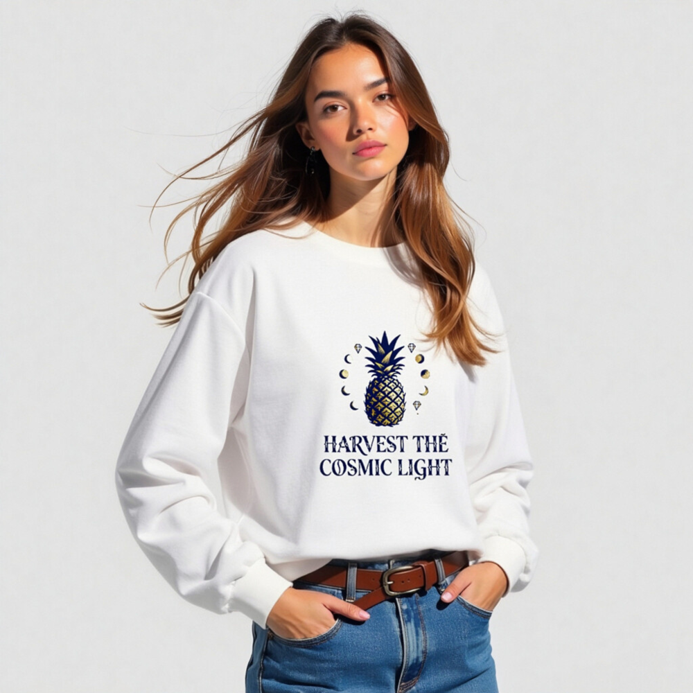 Harvest the Cosmic Light Pineapple Long Sleeve Tee - Unisex, Dark Blue & Gold - Image 4