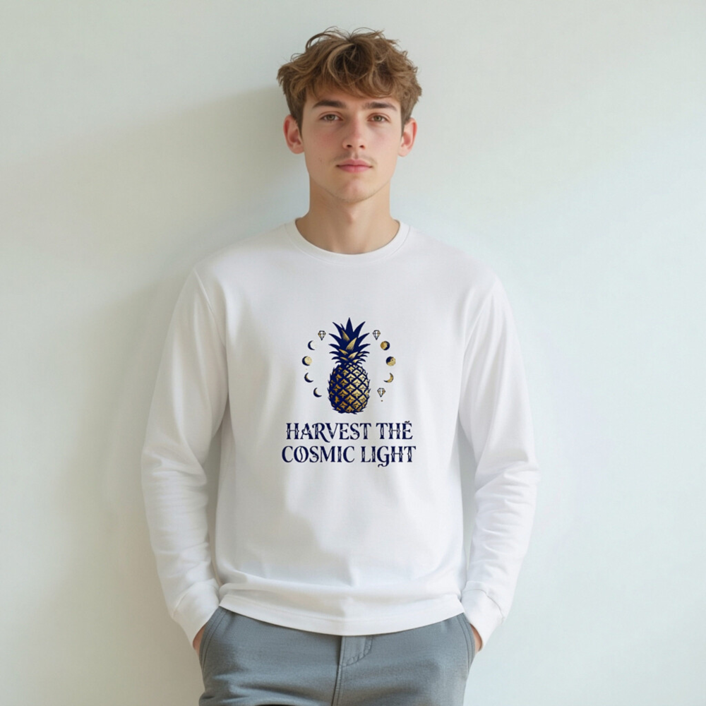 Harvest the Cosmic Light Pineapple Long Sleeve Tee - Unisex, Dark Blue & Gold - Image 5